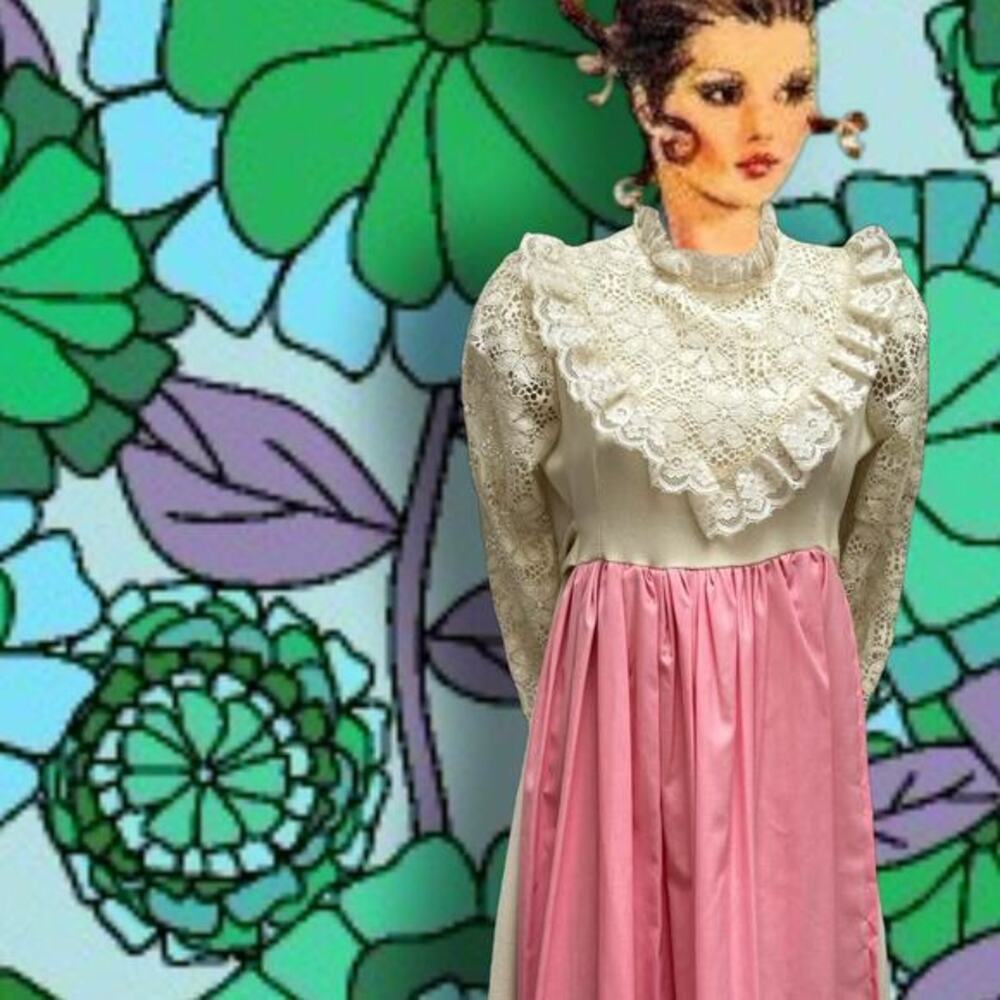 Vintage 1970s Prairie Dress Pink White Lace Union Tag Size XS Juniors 12 USA